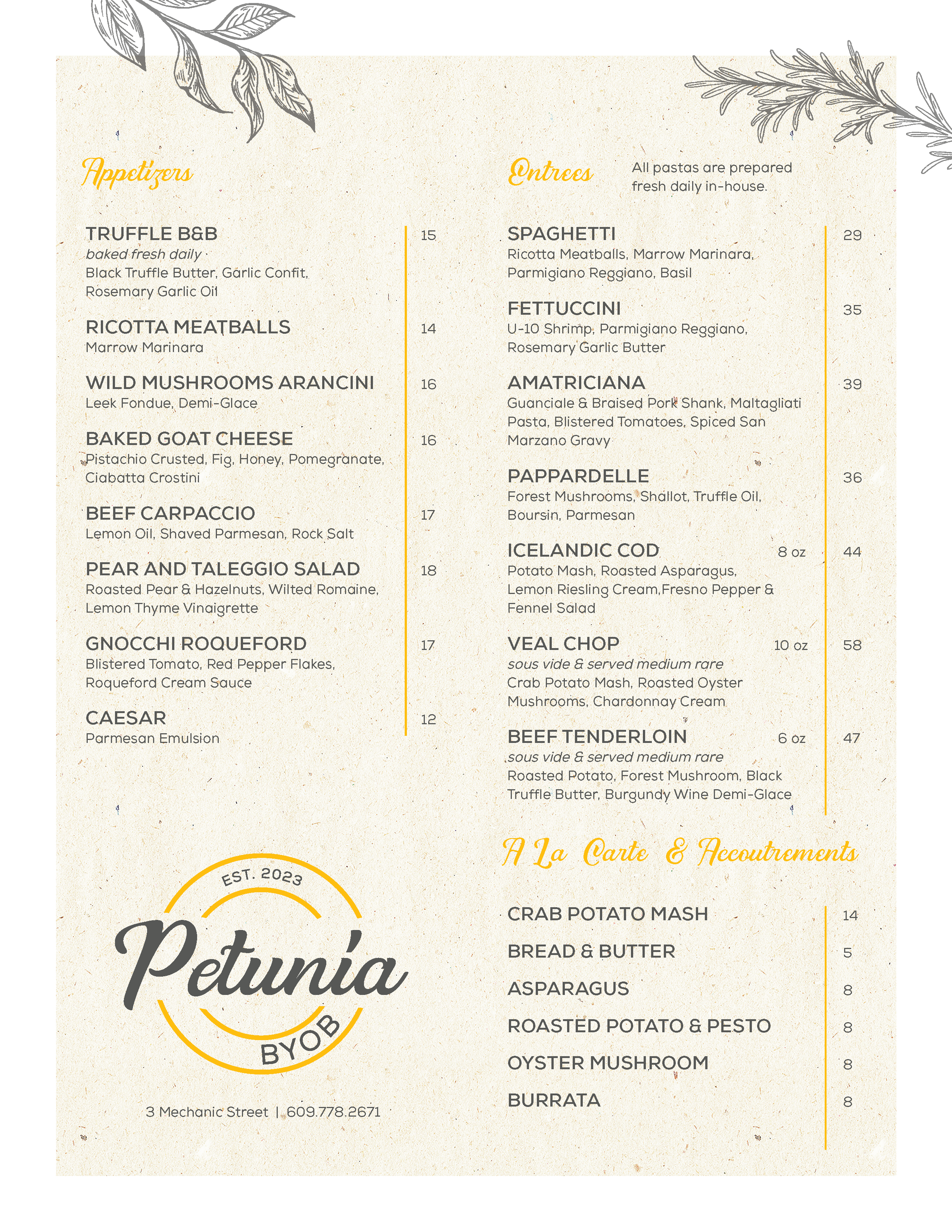 Petunia BYOB Fall Dinner Menu. Italian Restaurant in Cape May Court House, New Jersey.